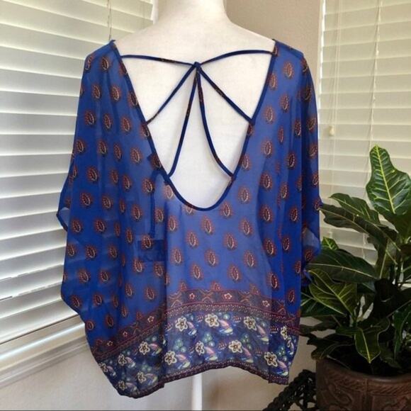 Jessica Simpson Blouse Women's XS/S Blue Sheer Boho Paisley Strappy Back New - Picture 5 of 12